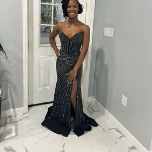 Sherri Hill Black Strapless Gown with Silver Accents